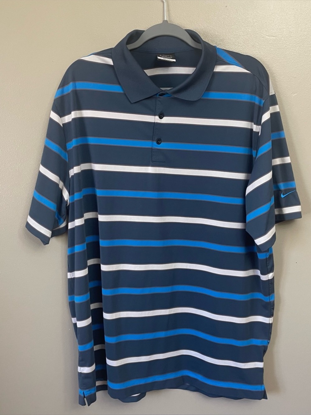 Nike Polo Shirt Mens XL Blue Stripe Dri-FIT Golf Performance Knit Short Sleeve